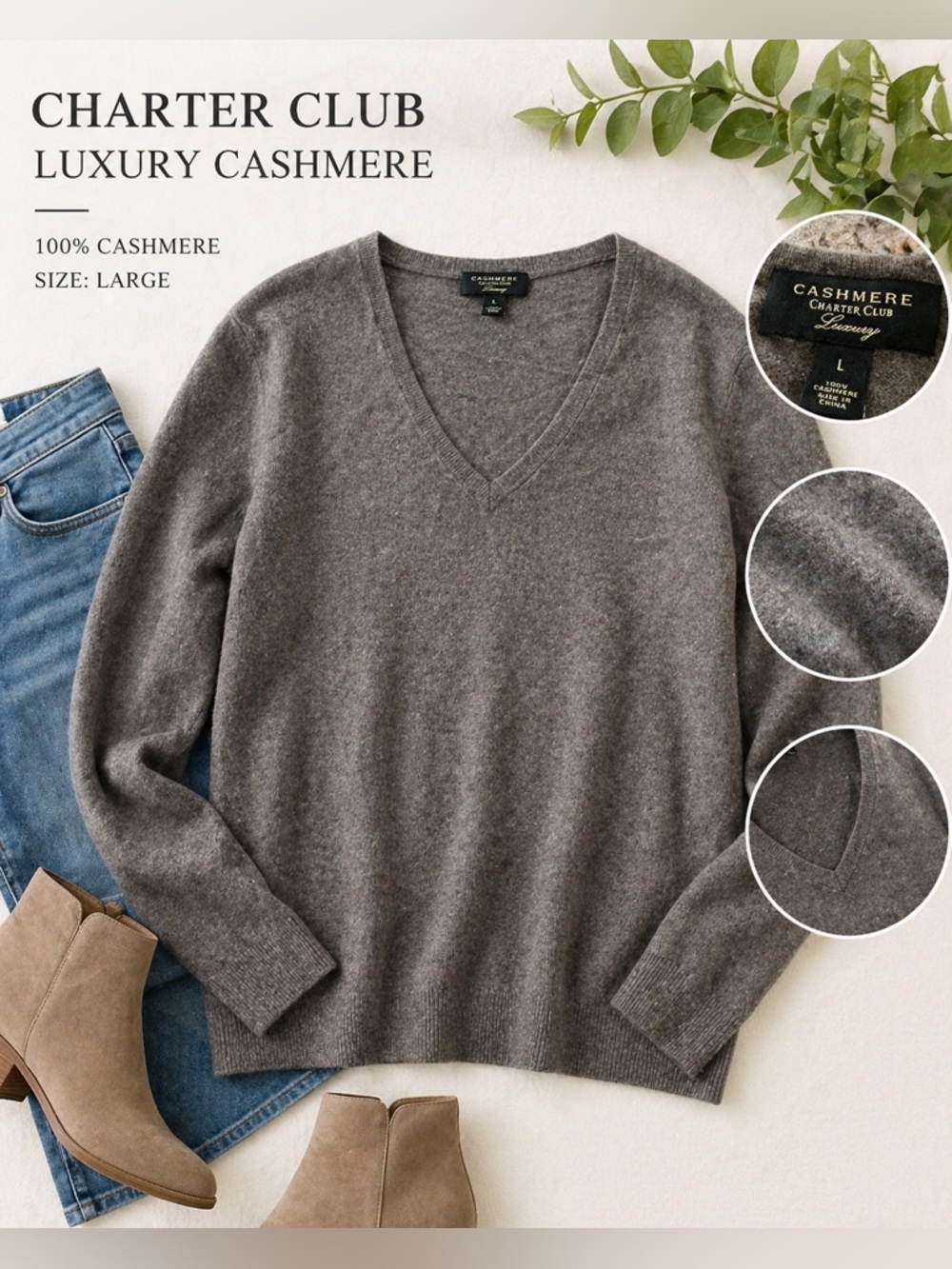 Charter Club Luxury 100% Cashmere Gray V Neck Sweater Large Soft Knit